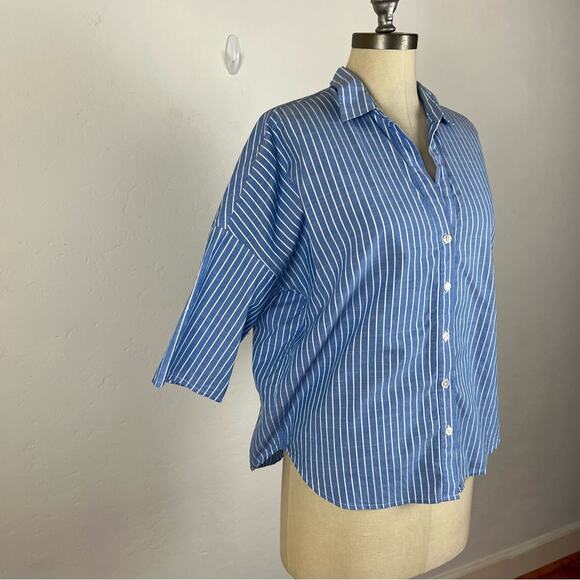Joie Blue Stripe Boxy Button Down Top - Picture 2 of 9